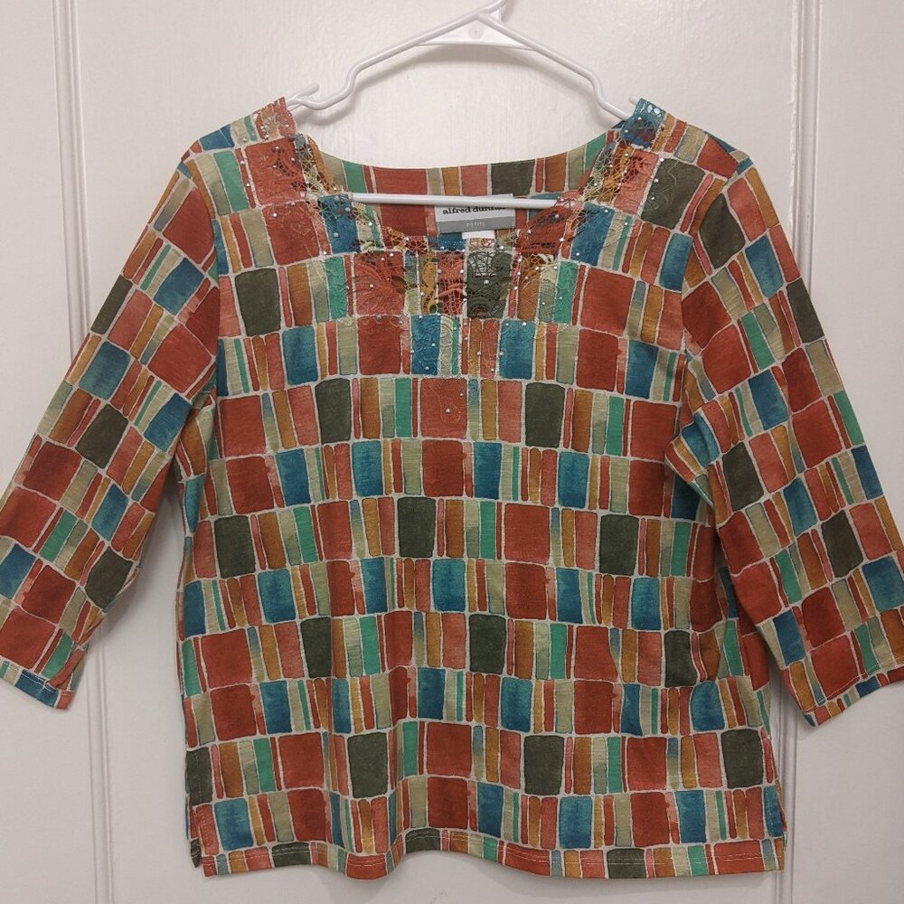 Alfred Dunner Petite Medium Top Embellished Lace Studs Indie Colorful Bold Glam